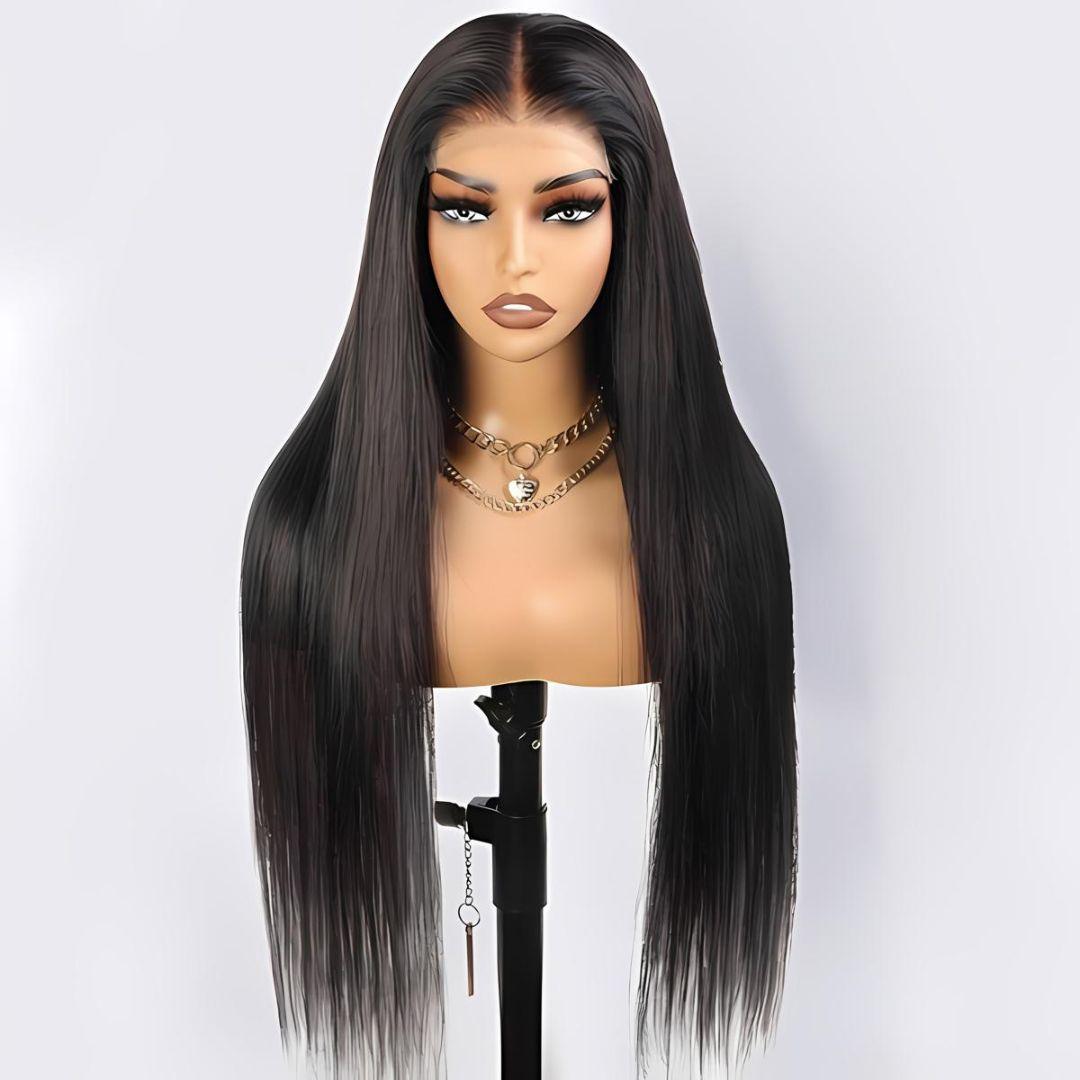 a wig with long black hair on a mannequin head