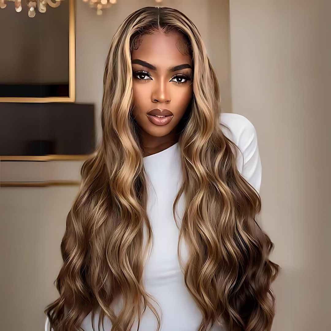 13*6 Blonde Highlights On Brown Color Lace Frontal Human Hair Wig|Opushe Wig